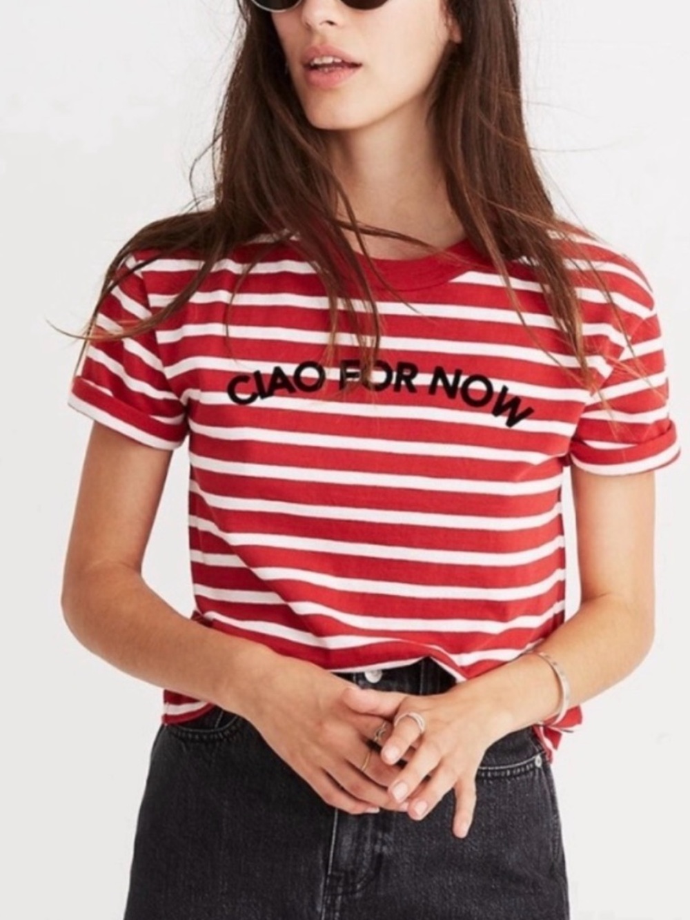 Madewell Red & White Striped Cotton Graphic Tee - ‘Ciao For Now’, XS